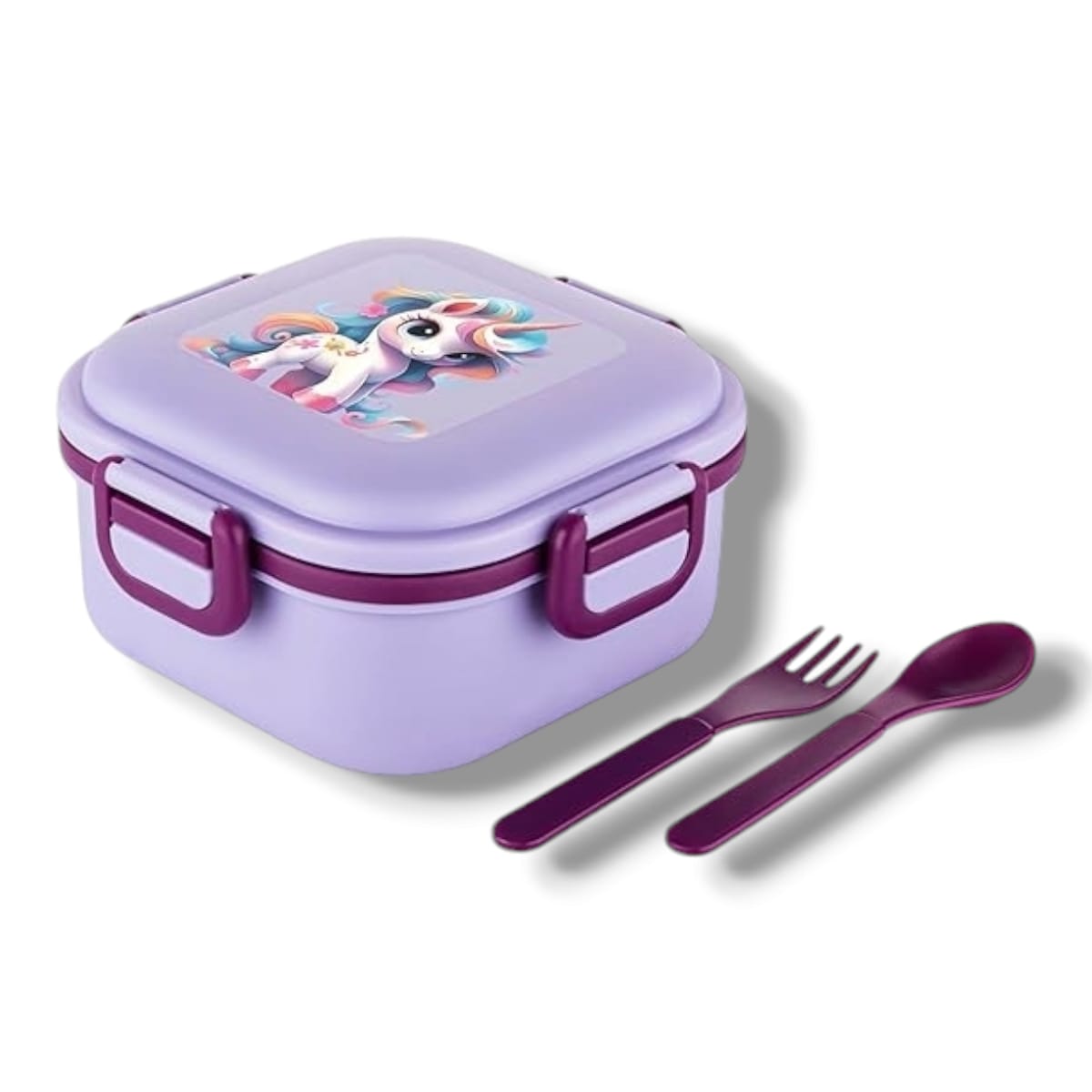 Quick Bite Unicorn Lunch Box – BPA-Free, 3-Compartment Tiffin Box / Plastic Lunch Box with Fork & Spoon – 800ml | Lavender